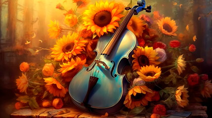 beautiful cello is decorated with a bouquet of sunflowers Generative AI