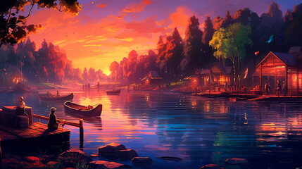 scenic Labor Day nature background showcasing a serene lakeside setting, where families gather for picnics, boating, and relaxation amidst the beauty of nature. Generative AI
