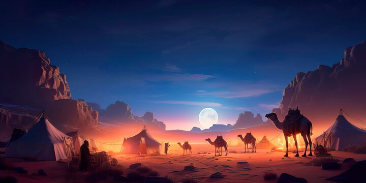 desert scene during Ramadan, with a crescent moon shining above, camels, and tents for breaking the fast in a traditional setting. Generative AI © Лилия Захарчук