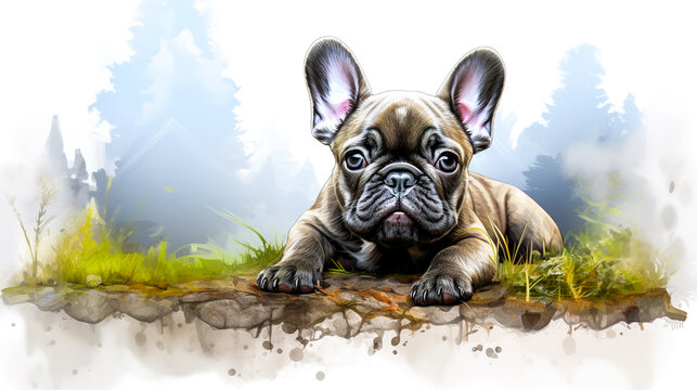 Watercolor painting of French bulldog puppy lying on the ground isolated on white background. Digital illustration generative AI.