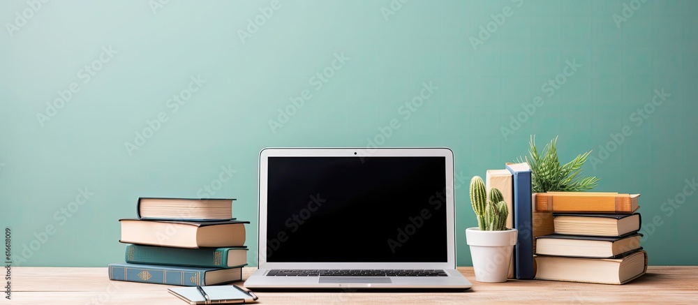 Leinwandbilder a laptop computer sitting on top of a wooden desk created with generative ai technology