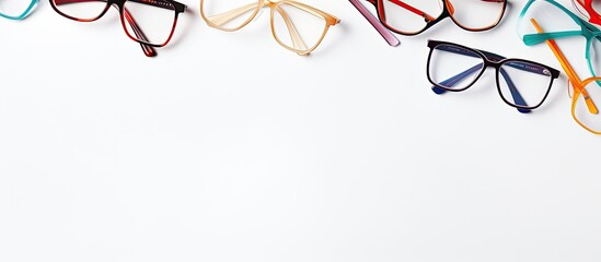Five pairs of glasses lined up against a white background created with Generative AI technology - obrazy, fototapety, plakaty