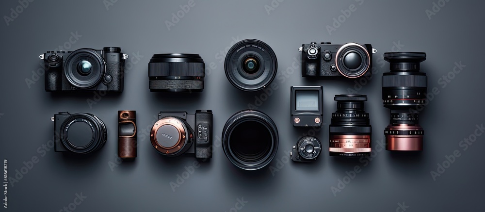 Poster a group of cameras sitting on top of a table created with generative ai technology