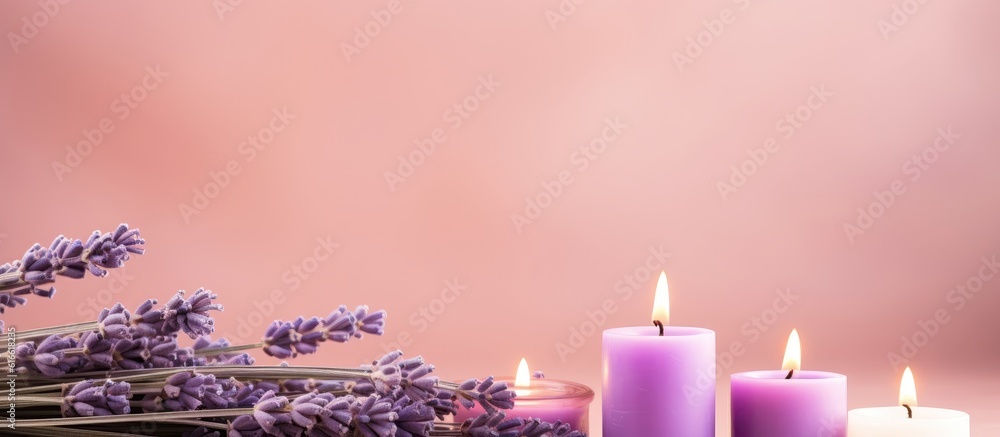 Poster lavender flowers and candles on a pink background created with generative ai technology