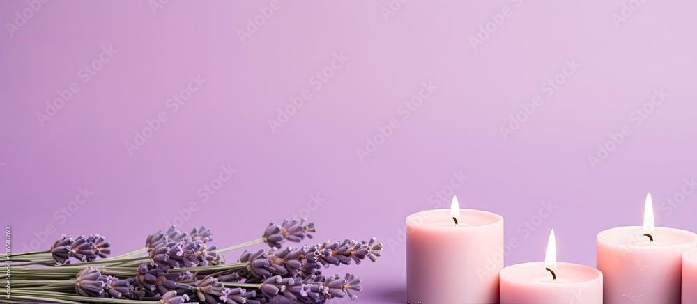 Poster a bunch of candles sitting next to some lavender flowers created with generative ai technology