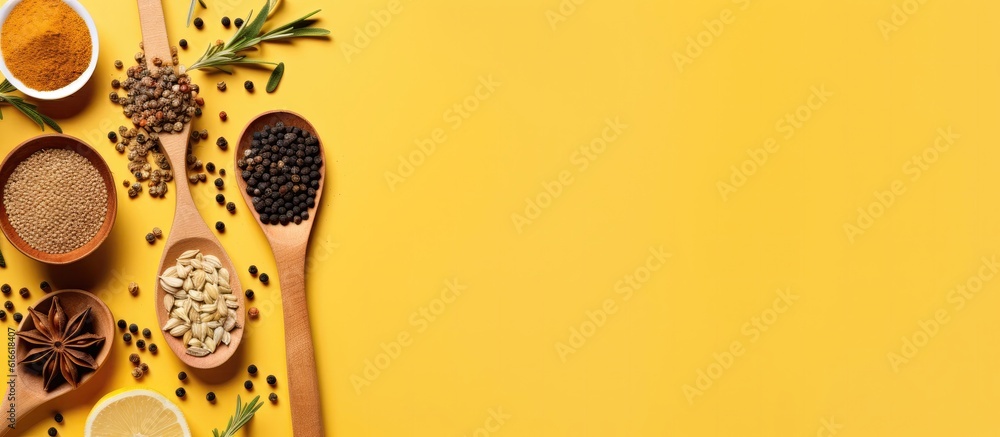Poster Spoons filled with different types of spices on a yellow background created with Generative AI technology