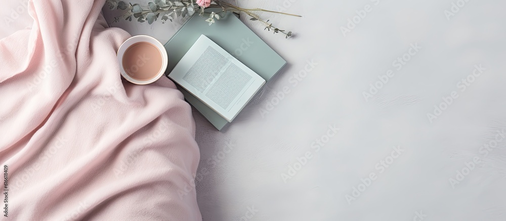 Aufkleber A cup of coffee and an open book on a pink blanket created with Generative AI technology