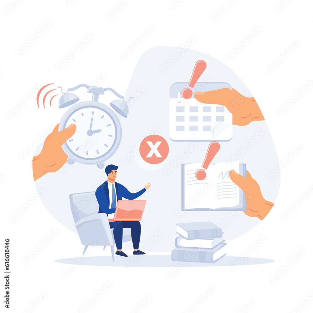 Poster manager sitting at computer desk with stack, flat modern vector illustration
