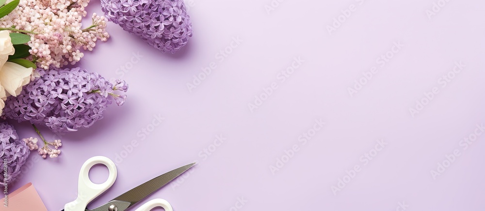 Poster a pair of scissors sitting on top of a purple surface created with generative ai technology