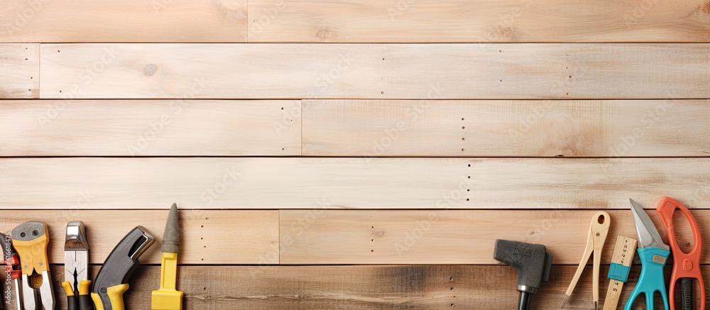 Poster a bunch of tools hanging on a wooden wall created with generative ai technology
