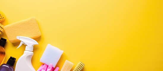 A variety of cleaning products on a yellow background created with Generative AI technology