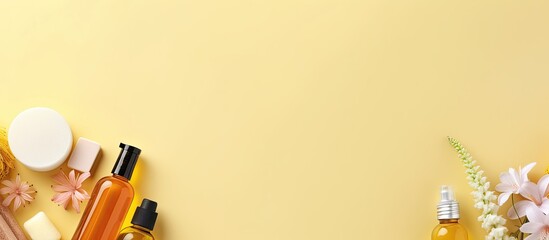 An overhead view of cosmetics and flowers on a yellow background created with Generative AI technology