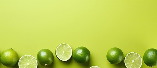 A group of limes sitting on top of a green surface created with Generative AI technology - obrazy, fototapety, plakaty