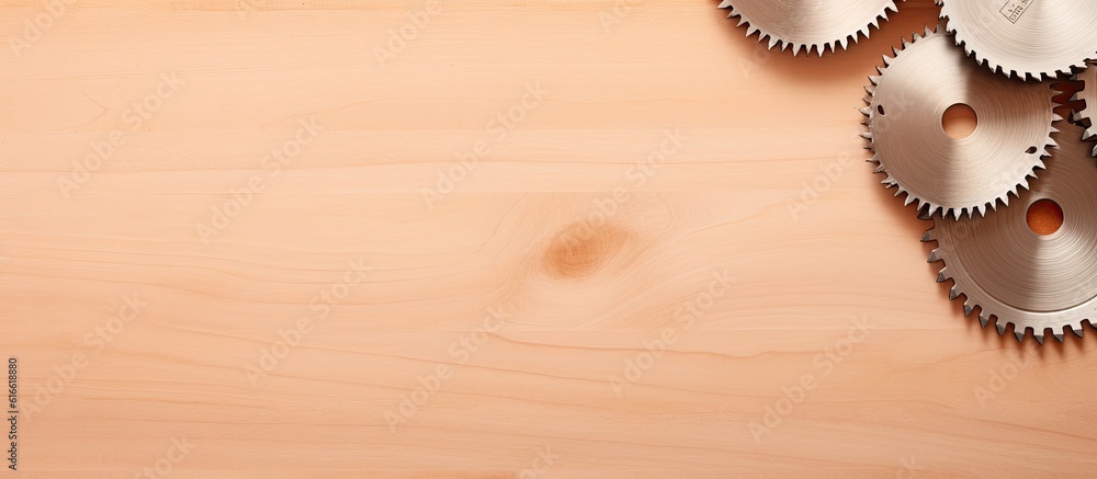 Poster a group of metal gears sitting on top of a wooden table created with generative ai technology
