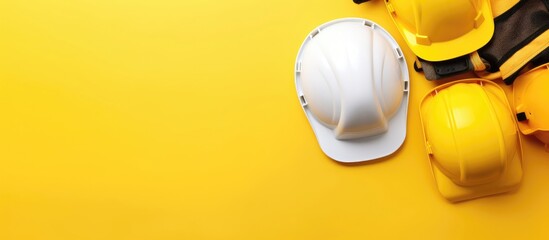 A helmet, hard hat, and other construction equipment on a yellow background created with Generative AI technology