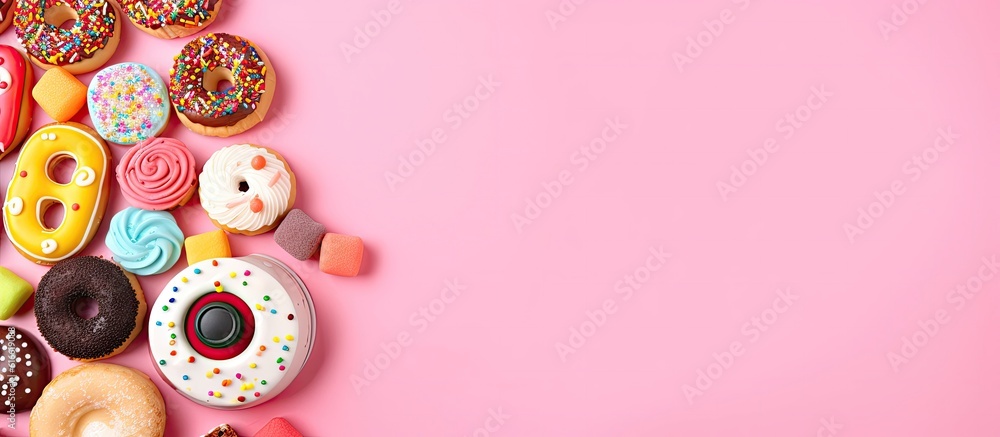 Poster A pink background with donuts and doughnut holes created with Generative AI technology