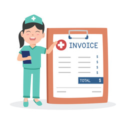Hospital invoice clipart cartoon style. Nurse showing the medical invoice flat vector illustration hand drawn doodle style. Clinical Invoice. Hospital, medical concept
