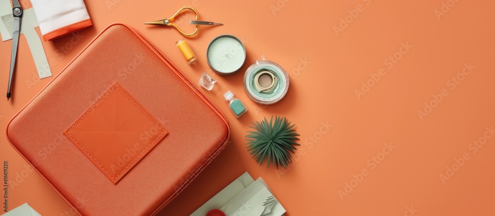 Poster an orange case sitting on top of a table next to a pair of scissors created with generative ai techn