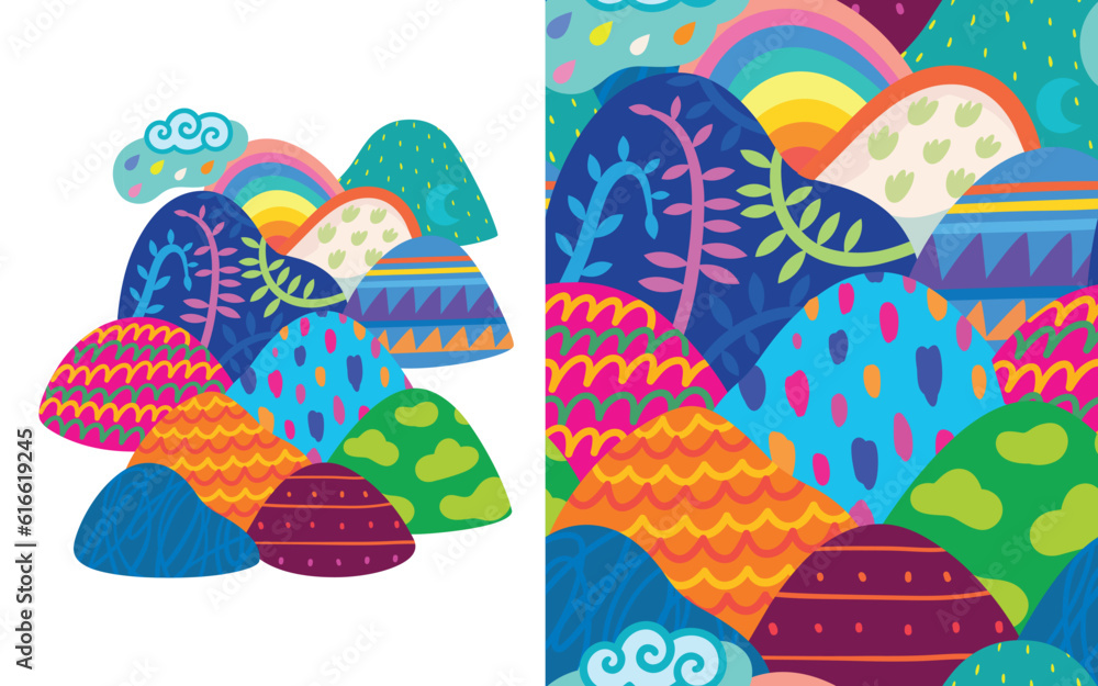 Wall mural Set of rainbow decorative round shape hills and mountains seamless pattern illustration