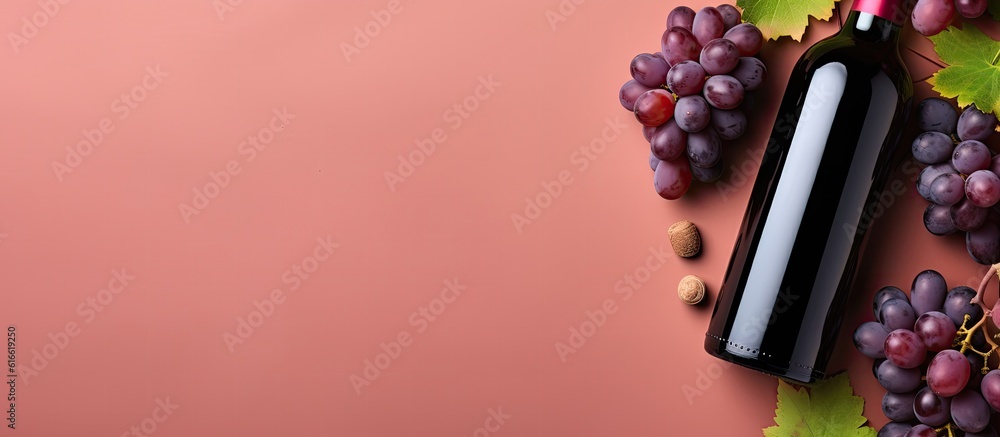 Aufkleber A bottle of wine and some grapes on a pink background created with Generative AI technology