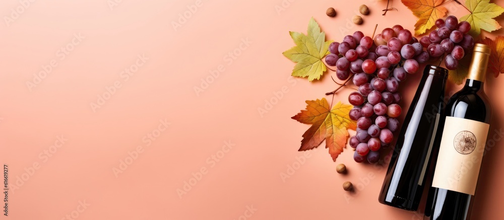 Aufkleber A bottle of wine and a bunch of grapes on a pink background created with Generative AI technology