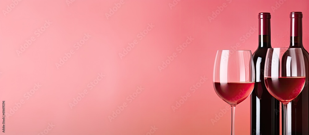 Poster Two wine glasses and a bottle of wine on a table created with Generative AI technology