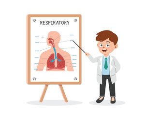 Respiratory System clipart cartoon style. Doctor presenting human respiratory system at medical seminar flat vector illustration. Nasal, lung, diaphragm. Hospital, medical, doctor conference concept