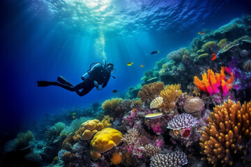 Naklejka na ściany i meble coral reef and diver generative AI 