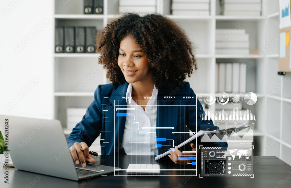 Poster african woman hand project manager working and update tasks and gantt chart scheduling virtual diagr