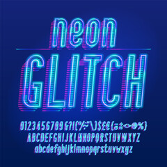 Neon Glitch alphabet font. Neon futuristic letters, numbers and symbols. Uppercase and lowercase. Stock vector typeface for your design.