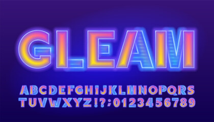 Gleam alphabet font. Neon glow colorful letters and numbers. Stock vector typeface for your design.