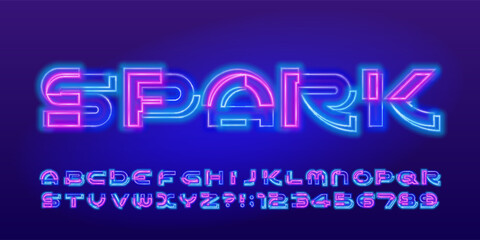 Spark alphabet font. Neon futuristic letters and numbers. Stock vector typeface for your design.