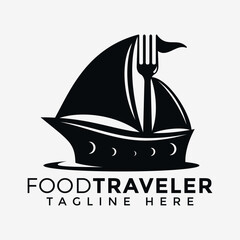 Food Traveler Logo Design. Creative Concept With Ship And Fork.