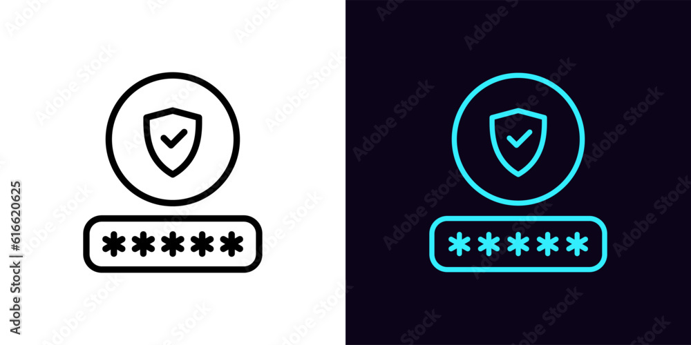 Poster outline password check icon, with editable stroke. password input with shield sign, safe login in us