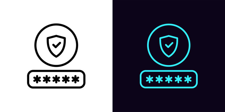 Outline password check icon, with editable stroke. Password input with shield sign, safe login in user account. Strong password and protection guarantee, secure account access in profile