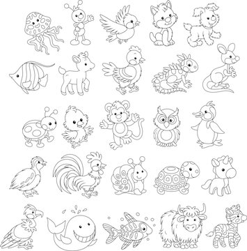 Set of funny cartoon toy Kawaii animals, black and white outline vector illustrations for a coloring book