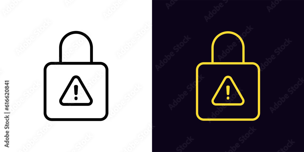 Poster outline lock warning icon, with editable stroke. lock with exclamation mark, hacking attempt. cyber 