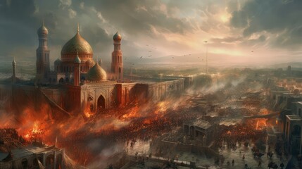 illustration of the atmosphere of the Mongolian war with Islam in Baghdad during the Middle Ages