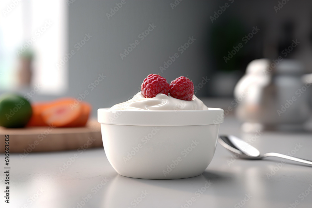 Poster yogurt with raspberries on the table. generated by ai.