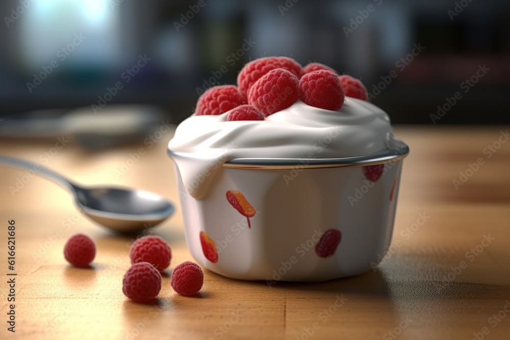 Poster yogurt with raspberries on the table. Generated by AI.