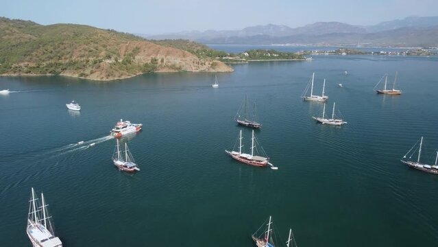 Awesome aerial view of ship crossing Fethiye Bay in Turkey