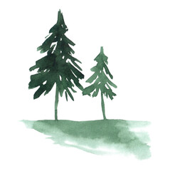 Two loose watercolor fir tree in dark green colors.Aquarelle spruce design element.Concept of eco friendly,environment, planet save