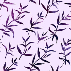 Hand drawn painted watercolor seamless endless botanical pattern with plants with violet purple leaves on lilac background.Web design element made of aquarelle illustration.