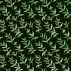 Fototapeta na wymiar Hand drawn painted watercolor seamless endless botanical pattern with plants with green textured leaves on dark green background.Web design element made of aquarelle summer illustration.