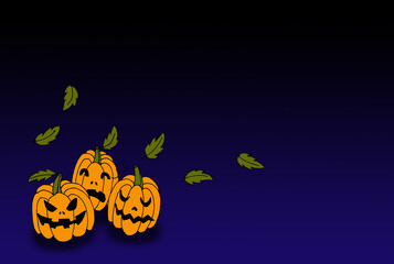Hand drawn line art mock up with halloween holiday orange pumpkins with different spooky creepy eyes and smiles on gradient dark blue background with copy space, Jack-o-lantern group as autumn.