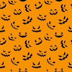 Line art doodle simple seamless pattern with different spooky creepy funny eyes and smiles halloween party backdrop.On orange background