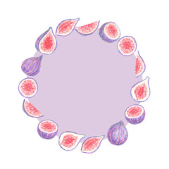 Hand drawn pastel chalk sweet purple colored fig fruits as round circle mock up with copy space in the middle.Violet