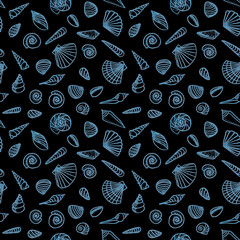 Hand drawn line art different shaped seashells as summer sea vacation background.Aquatic marine life doodle wallpapers
