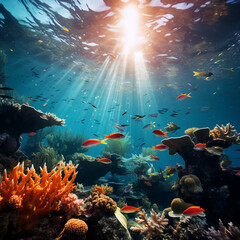 Fototapeta na wymiar Vibrant Coral Reef Photography - Enchanting Underwater Scene with Colorful Fish, Intricate Coral Formations, and Rays of Sunlight