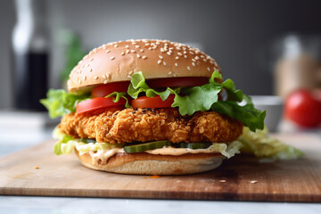 Burger with breaded chicken patty and vegetables. 
